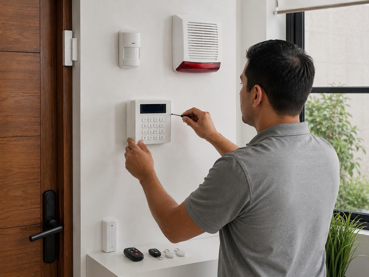 Panel, sensores y componentes de una alarma de intrusión instalados profesionalmente