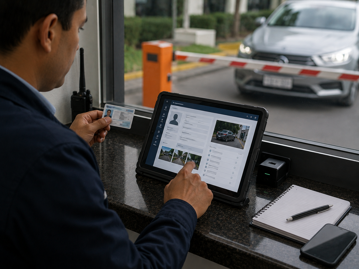 Operador registrando visitantes y accesos vehiculares en una plataforma digital