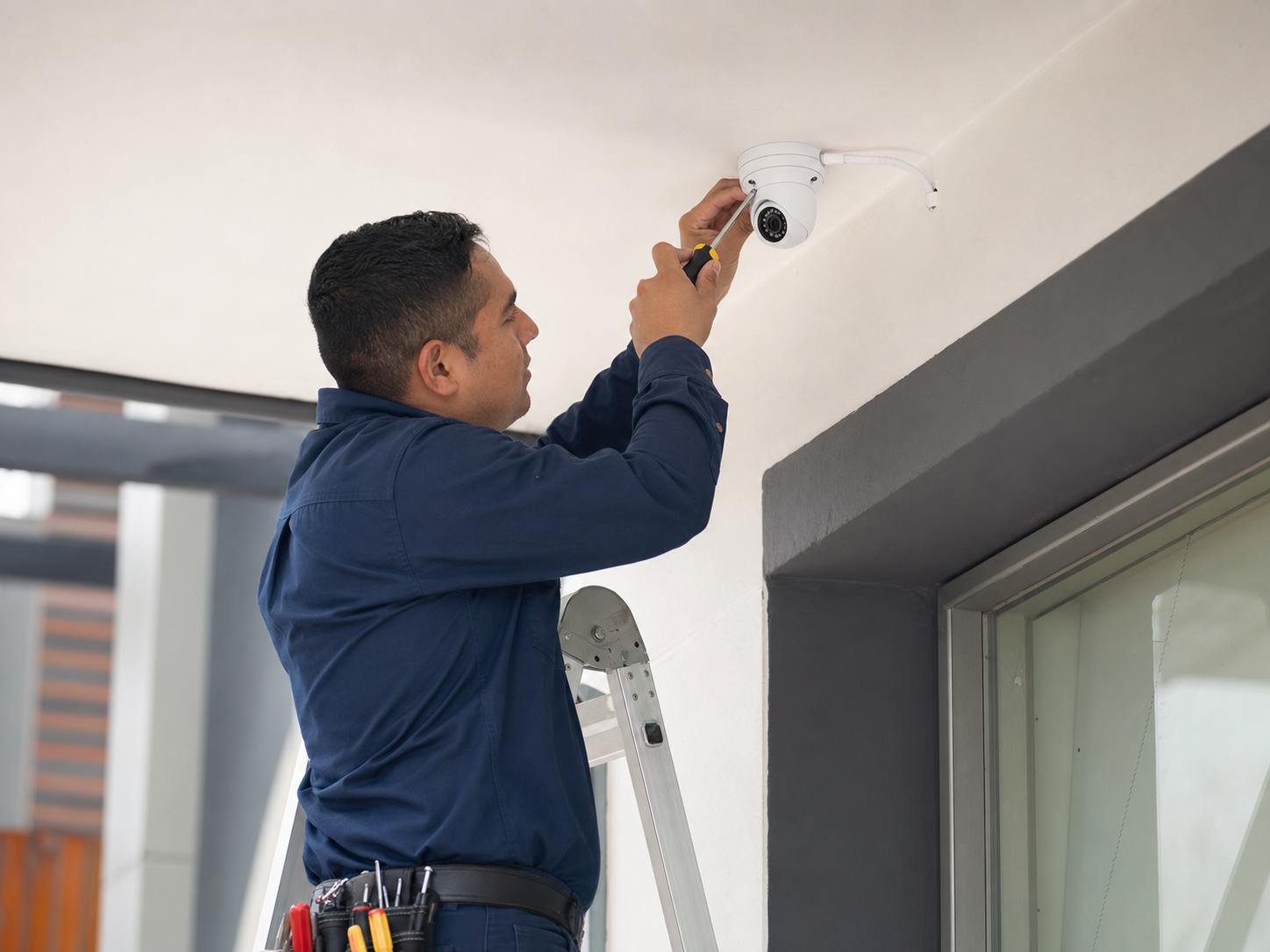 Técnico instalando y configurando una cámara de videovigilancia