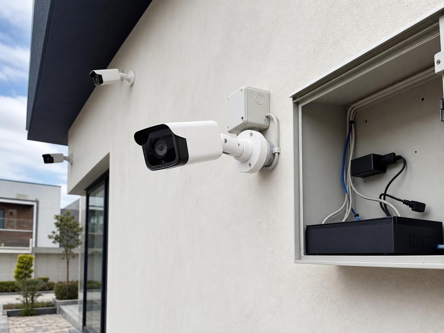 Sistema CCTV con cámaras y grabador instalado en una propiedad