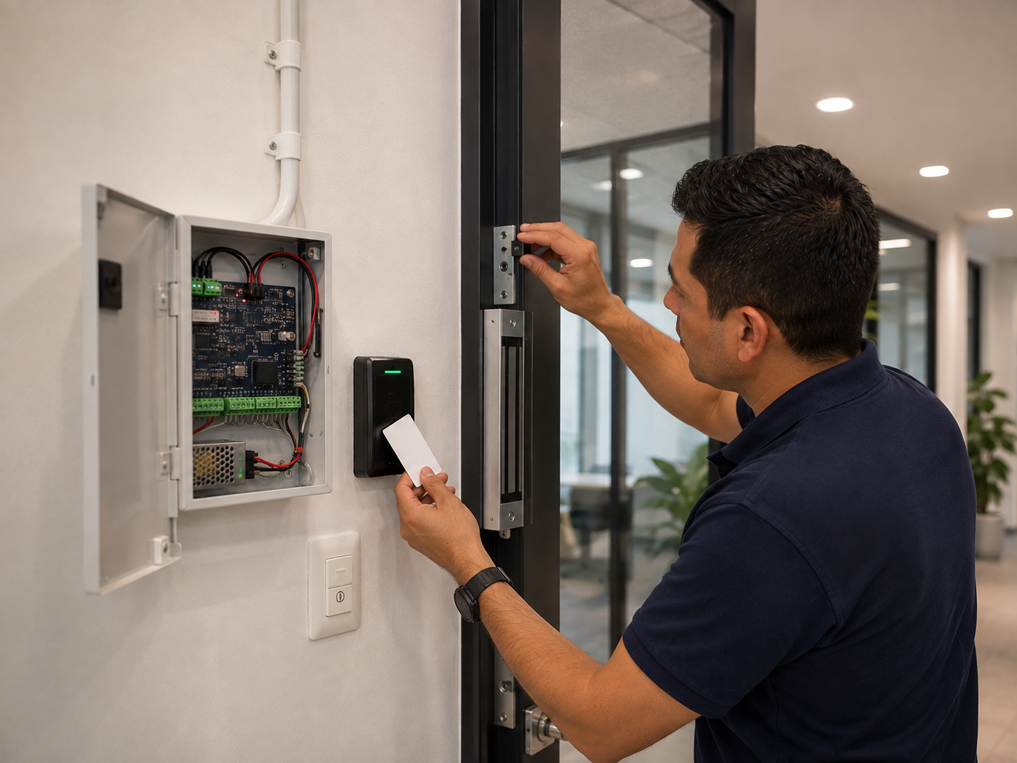 Sistema de control de acceso instalado en una puerta empresarial
