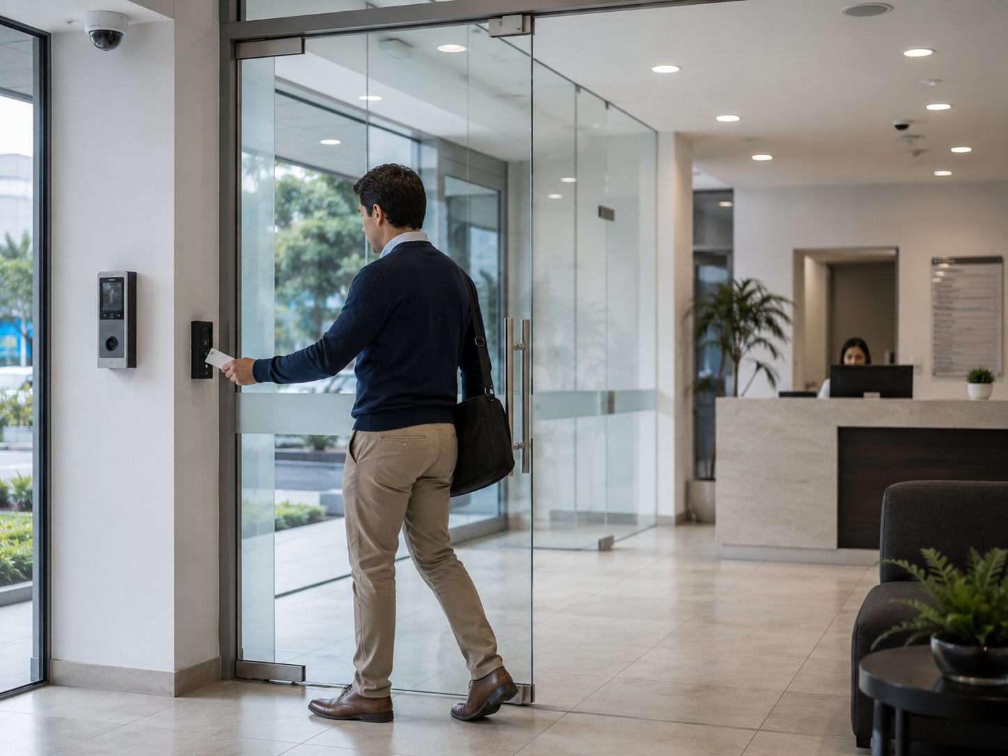 Empleado utilizando un sistema de control de acceso empresarial