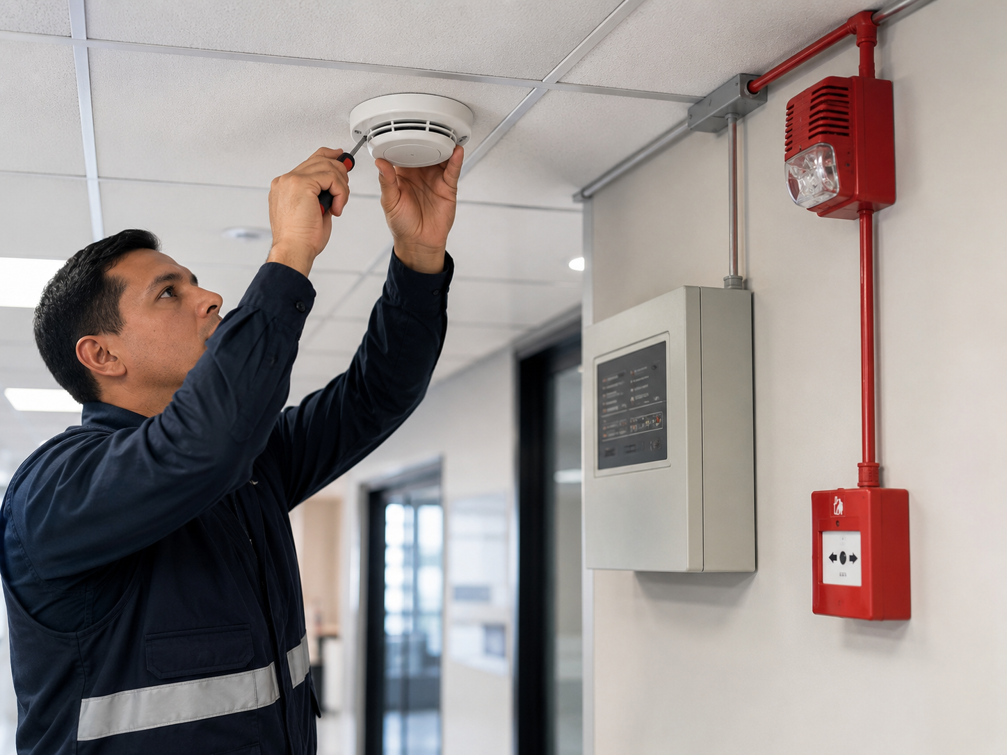 Técnico revisando infraestructura de seguridad contra incendios