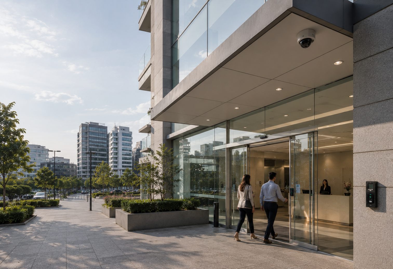 Edificio corporativo protegido con soluciones integrales de seguridad