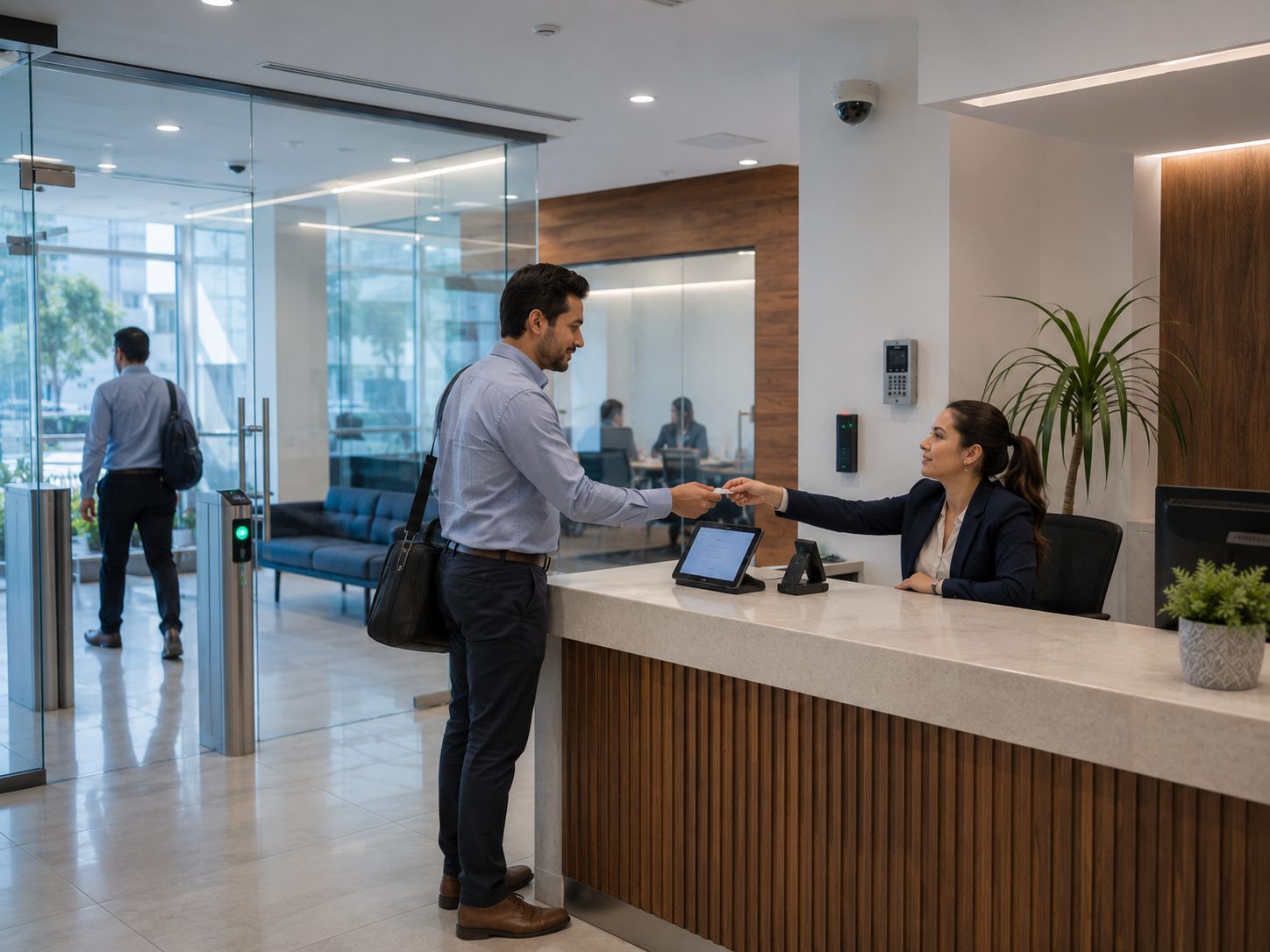 Registro seguro de visitantes en una recepción corporativa