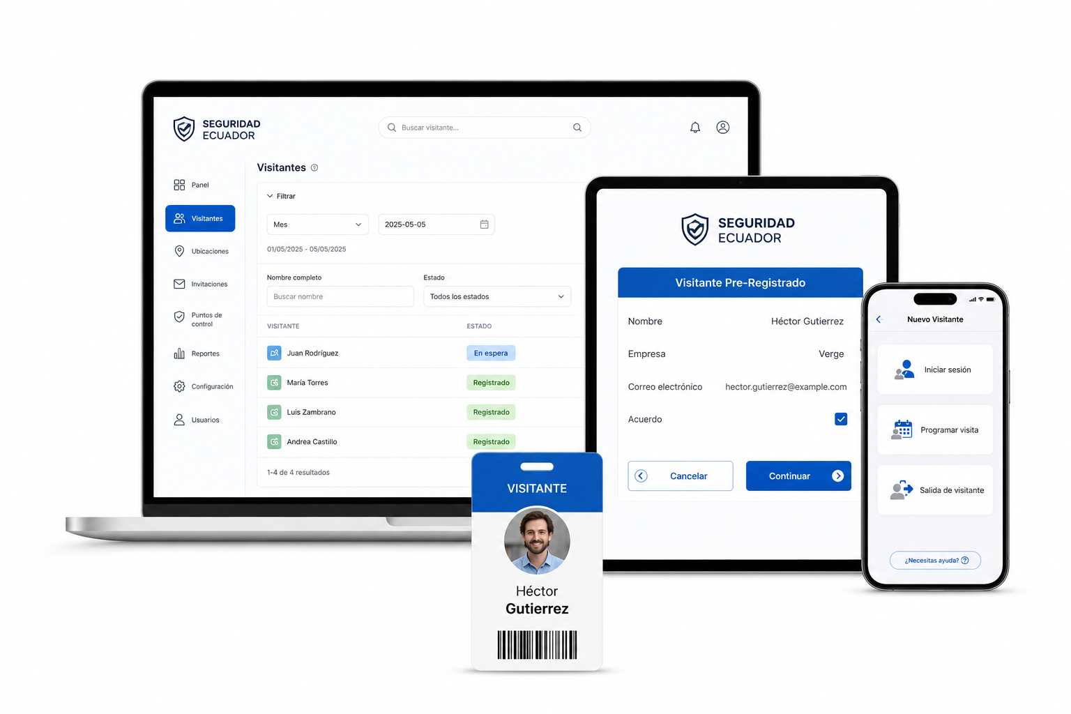 Plataforma de gestión de visitantes en computadora, tableta y teléfono